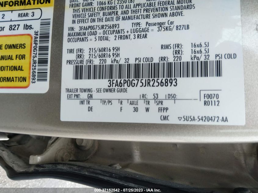 2018 FORD FUSION S - 3FA6P0G75JR256893