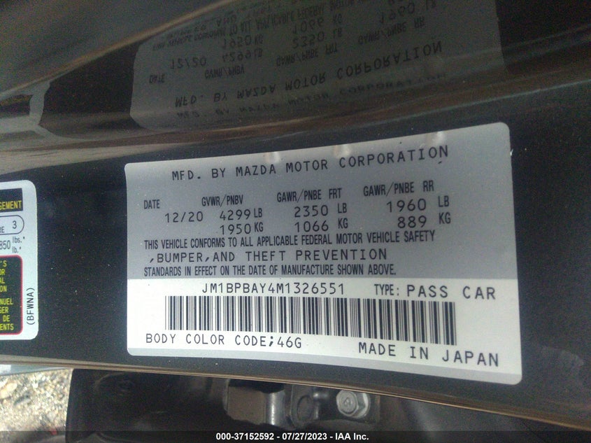 VIN JM1BPBAY4M1326551 2021 MAZDA MAZDA3 SEDAN 2.5 TURBO