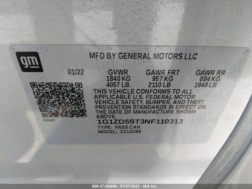 2022 CHEVROLET MALIBU LT - 1G1ZD5ST3NF110313