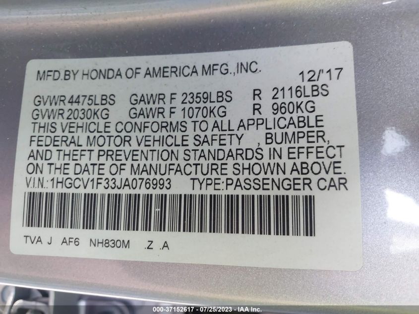 2018 HONDA ACCORD SEDAN SPORT 1.5T - 1HGCV1F33JA076993