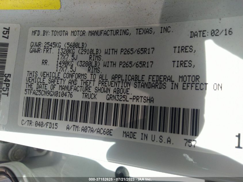 2016 TOYOTA TACOMA DBL CAB/SR5/TRD SPORT/OR - 5TFAZ5CN9GX010476