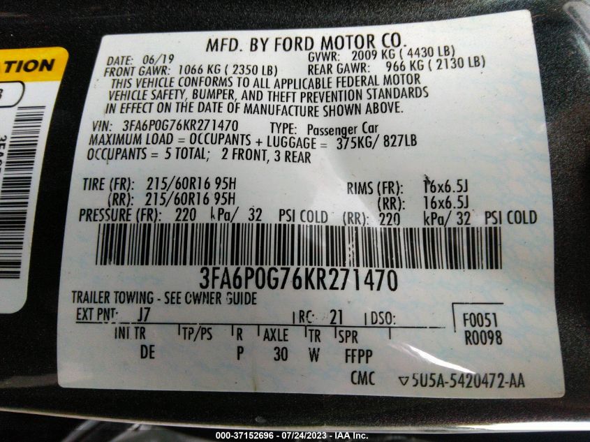 2019 FORD FUSION S - 3FA6P0G76KR271470