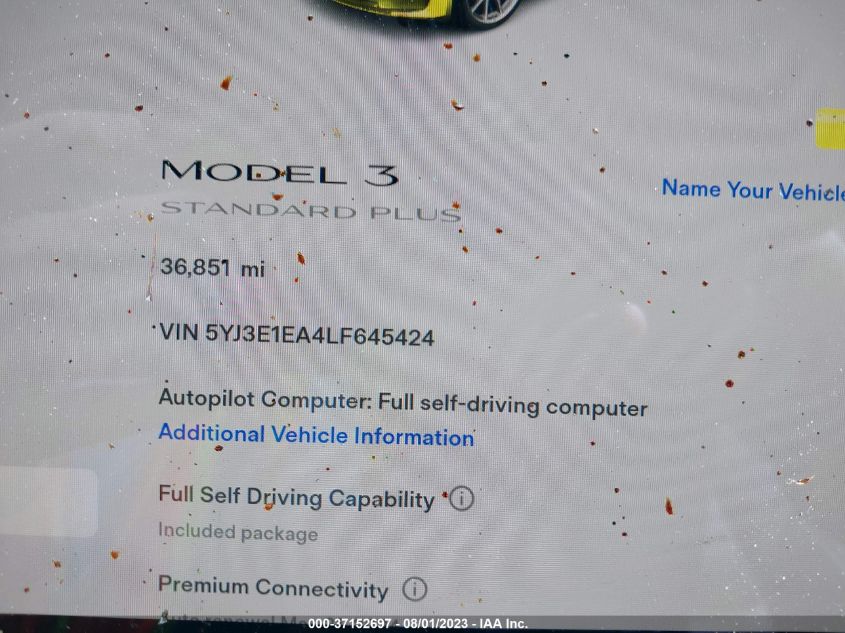 2020 TESLA MODEL 3 STANDARD RANGE - 5YJ3E1EA4LF645424