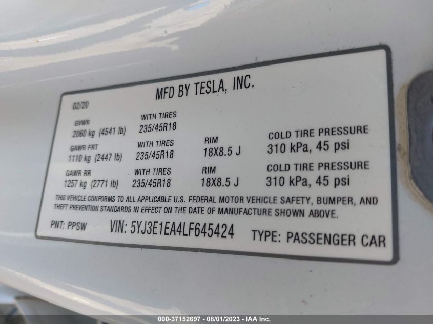 2020 TESLA MODEL 3 STANDARD RANGE - 5YJ3E1EA4LF645424