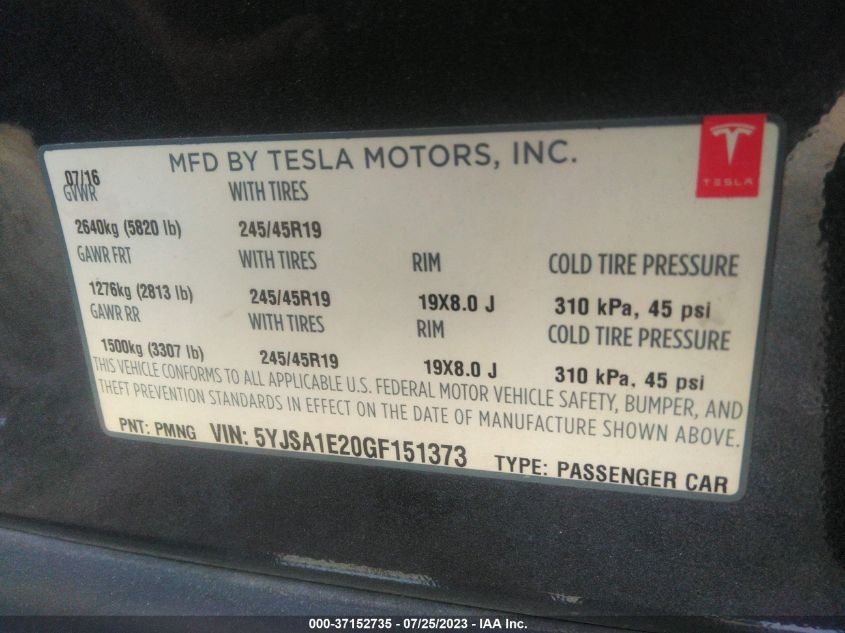 2016 TESLA MODEL S - 5YJSA1E20GF151373