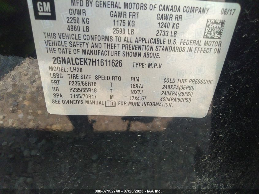 2017 CHEVROLET EQUINOX LT - 2GNALCEK7H1611626