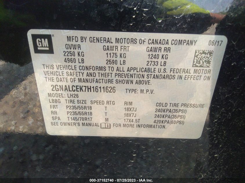 2017 CHEVROLET EQUINOX LT - 2GNALCEK7H1611626