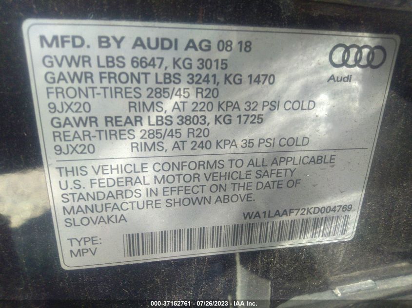 2019 AUDI Q7 PREMIUM PLUS - WA1LAAF72KD004769
