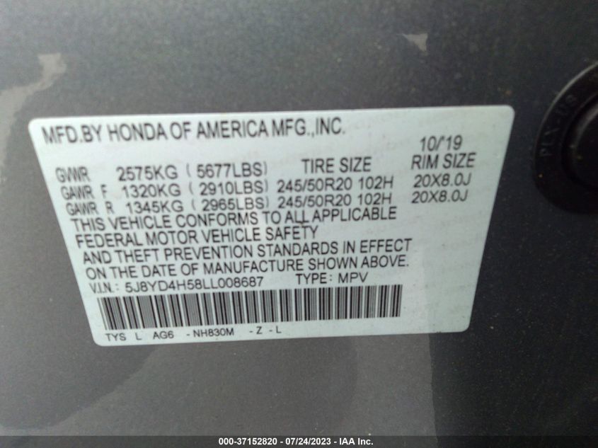 2020 ACURA MDX W/TECHNOLOGY PKG - 5J8YD4H58LL008687