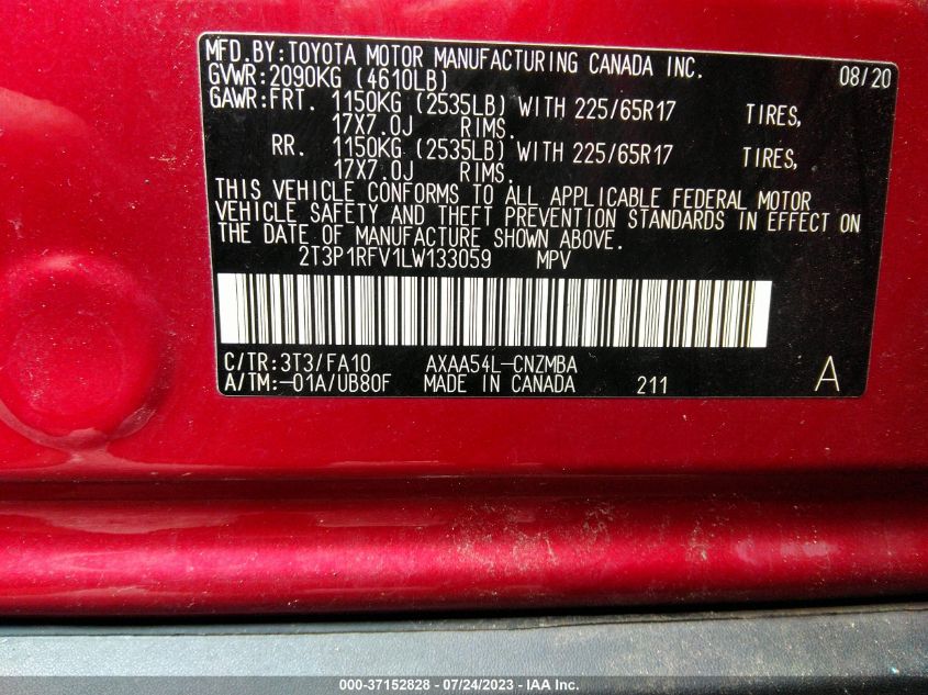 2020 TOYOTA RAV4 XLE/XLE PREMIUM - 2T3P1RFV1LW133059