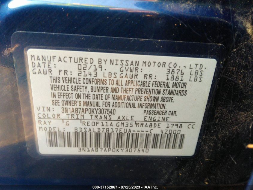 2019 NISSAN SENTRA SV - 3N1AB7AP0KY307540