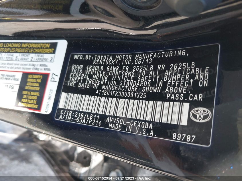 2013 TOYOTA CAMRY HYBRID LE/XLE - 4T1BD1FK3DU091335