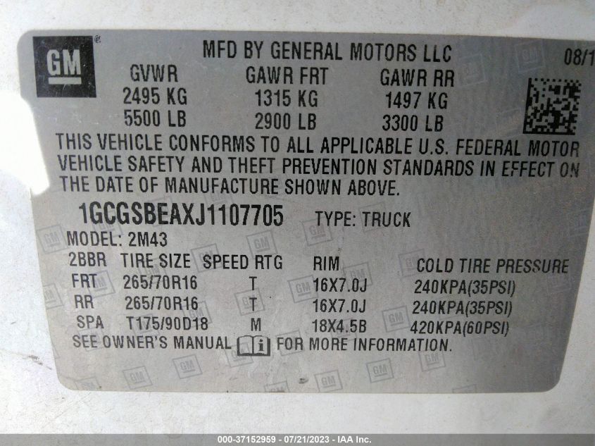 2018 CHEVROLET COLORADO 2WD WORK TRUCK - 1GCGSBEAXJ1107705