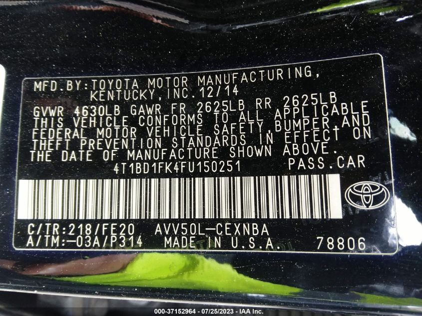 2015 TOYOTA CAMRY HYBRID LE/XLE/SE - 4T1BD1FK4FU150251