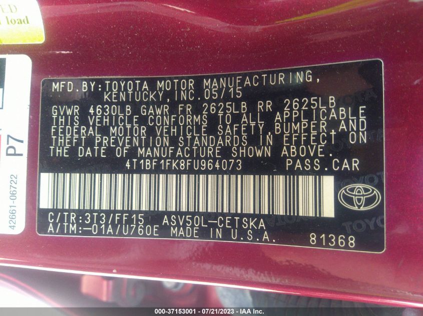 2015 TOYOTA CAMRY LE/XLE/SE/XSE - 4T1BF1FK8FU964073