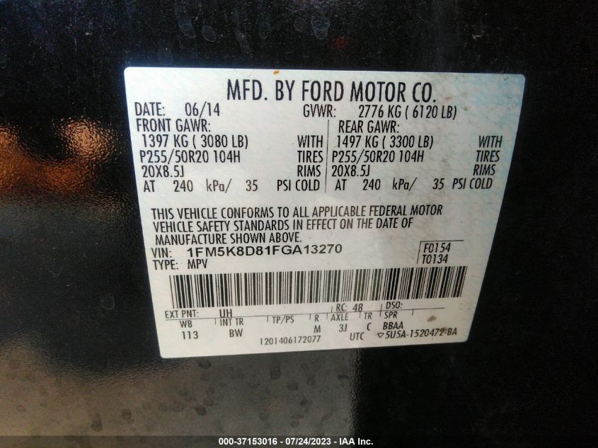 2015 FORD EXPLORER XLT - 1FM5K8D81FGA13270