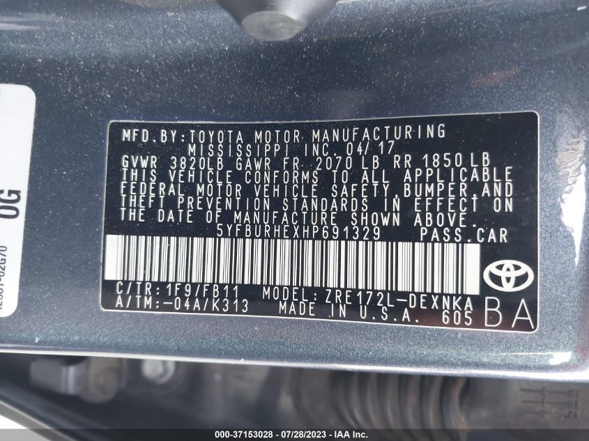 2017 TOYOTA COROLLA L/LE/XLE/SE - 5YFBURHEXHP691329