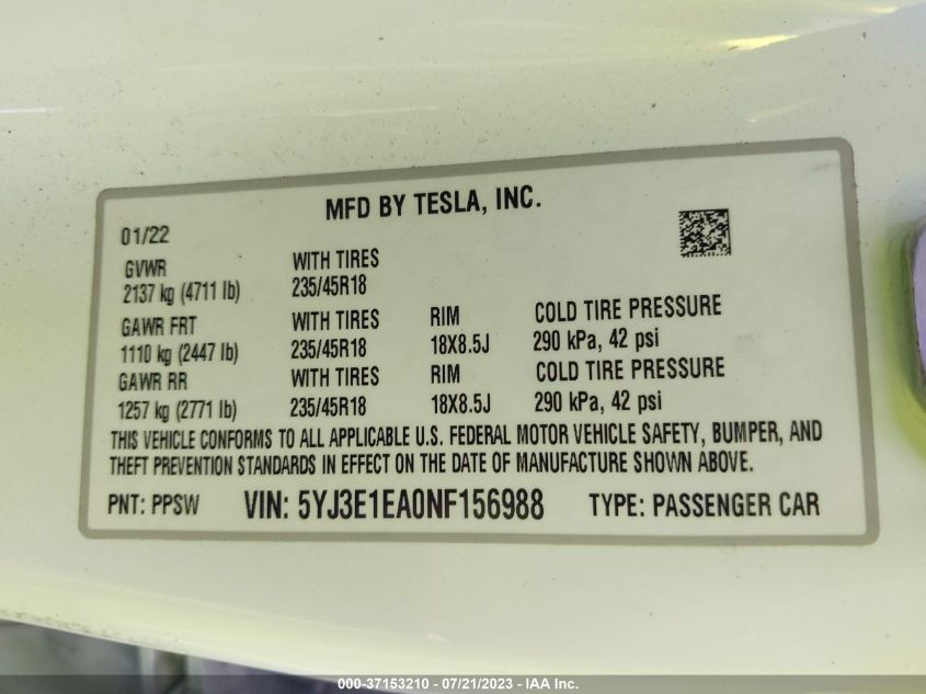 2022 TESLA MODEL 3 - 5YJ3E1EA0NF156988