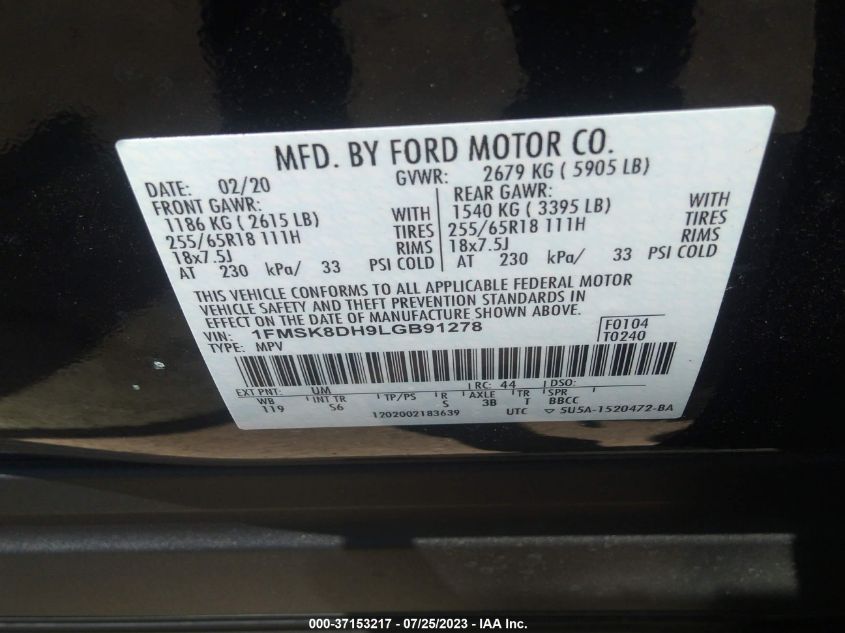 2020 FORD EXPLORER XLT - 1FMSK8DH9LGB91278