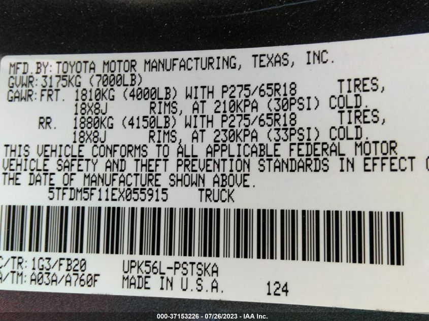 2014 TOYOTA TUNDRA 4WD TRUCK SR5 5TFDM5F11EX055915