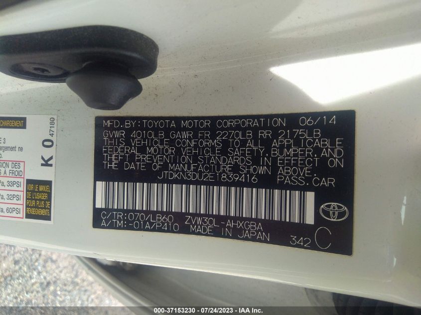 2014 TOYOTA PRIUS FOUR/FIVE/THREE/ONE/TWO - JTDKN3DU2E18C9416