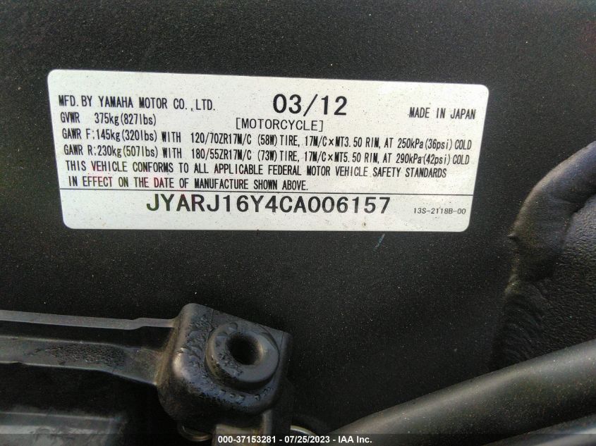 2012 YAMAHA YZFR6 C JYARJ16Y4CA006157