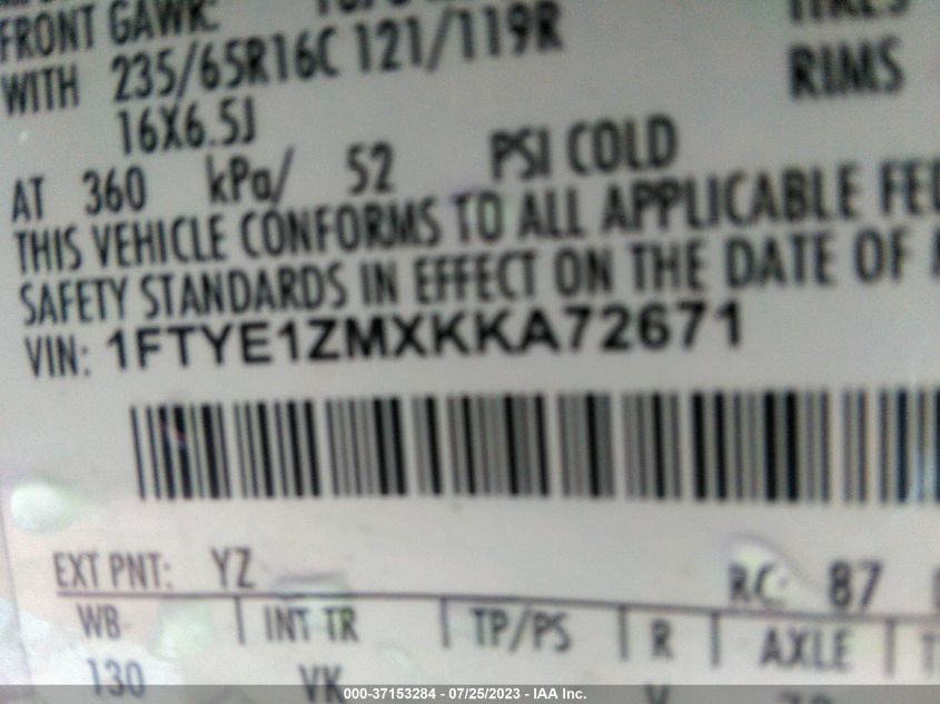 2019 FORD TRANSIT VAN - 1FTYE1ZMXKKA72671