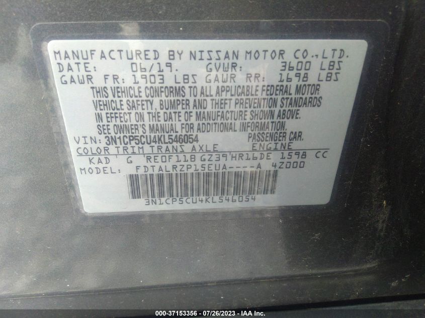 2019 NISSAN KICKS S/SR/SV - 3N1CP5CU4KL546054