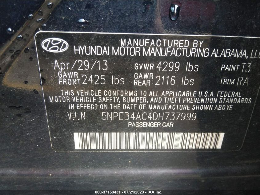 2013 HYUNDAI SONATA GLS PZEV - 5NPEB4AC4DH737999