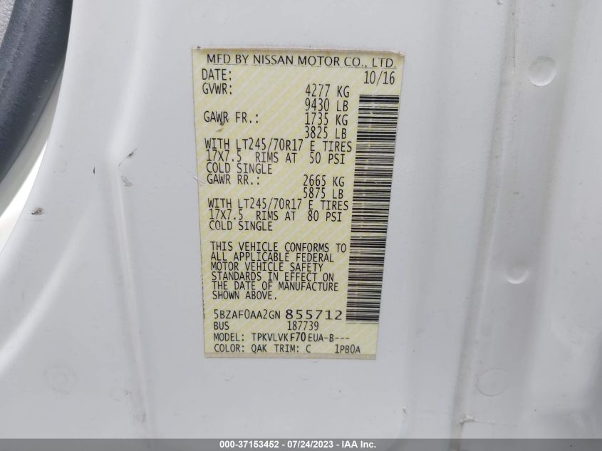 2016 NISSAN NVP SL - 5BZAF0AA2GN855712