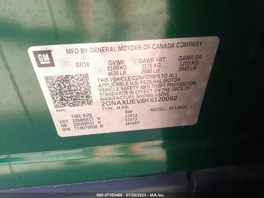 2019 CHEVROLET EQUINOX LT - 2GNAXUEV8K6120092