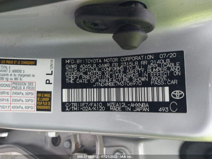 2021 TOYOTA COROLLA HATCHBACK SE JTND4MBE7M3106970