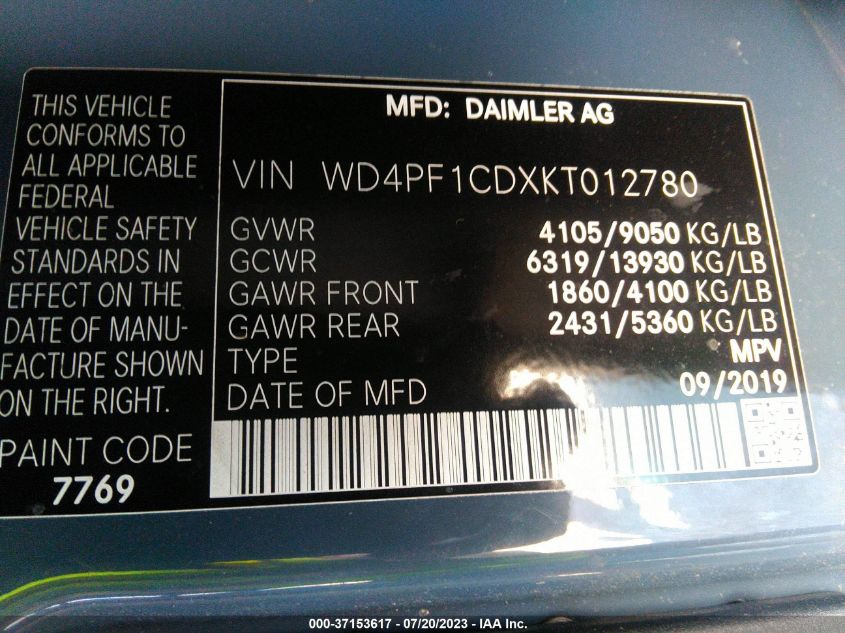 2019 MERCEDES-BENZ SPRINTER VAN WD4PF1CDXKT012780