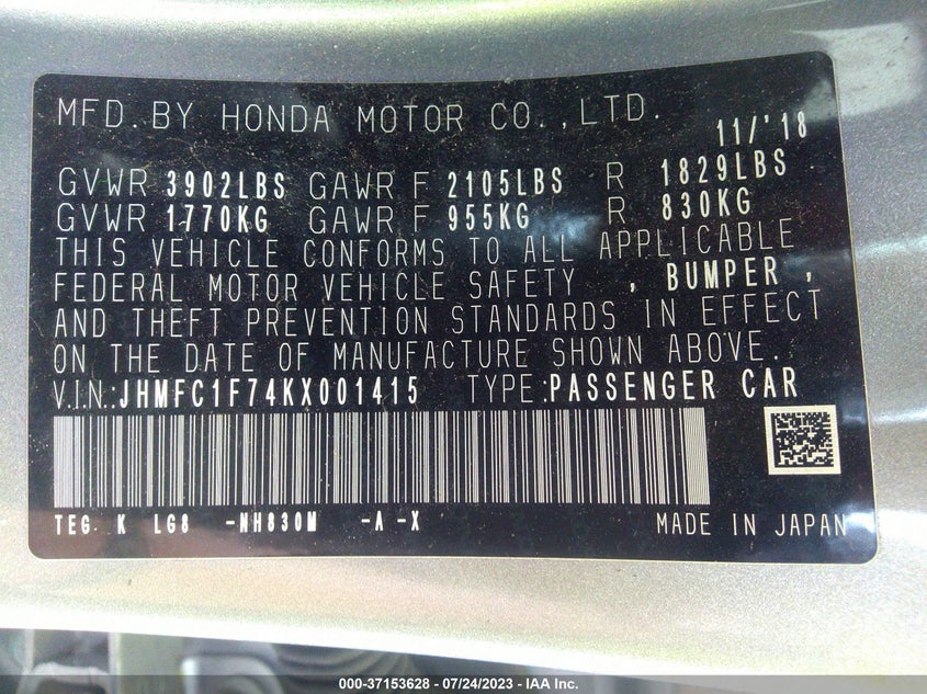 VIN JHMFC1F74KX001415 2019 HONDA CIVIC SEDAN EX-L