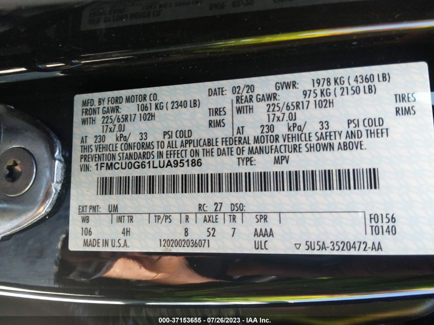 2020 FORD ESCAPE SE - 1FMCU0G61LUA95186