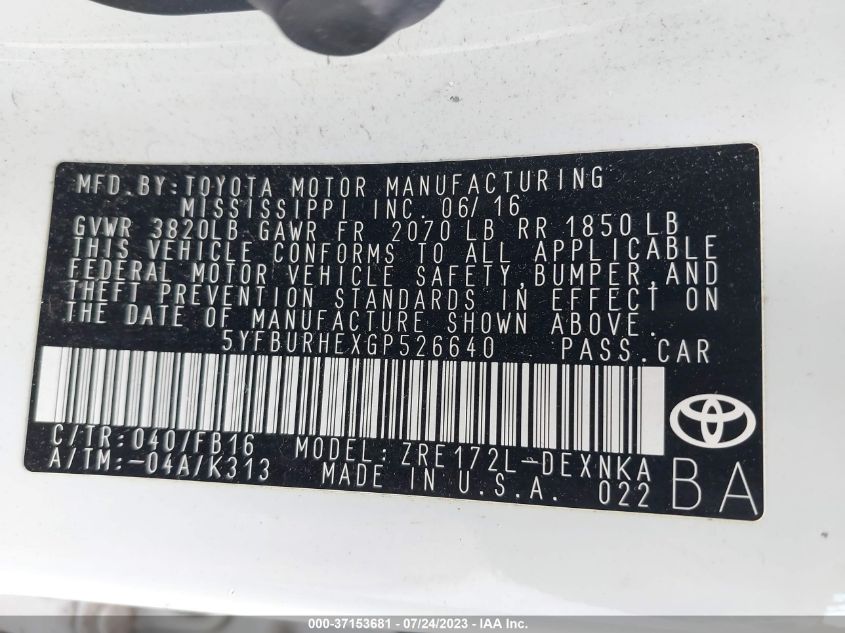 2016 TOYOTA COROLLA L/LE/S/S PLUS/LE PLUS - 5YFBURHEXGP526640