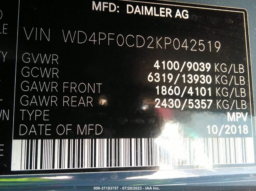 2019 MERCEDES-BENZ SPRINTER VAN WD4PF0CD2KP042519