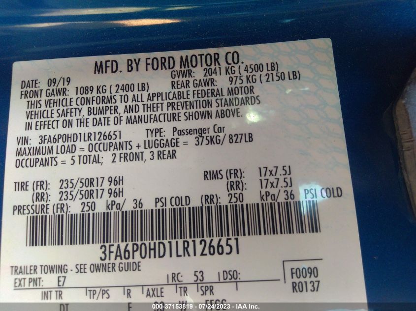 2020 FORD FUSION SE - 3FA6P0HD1LR126651