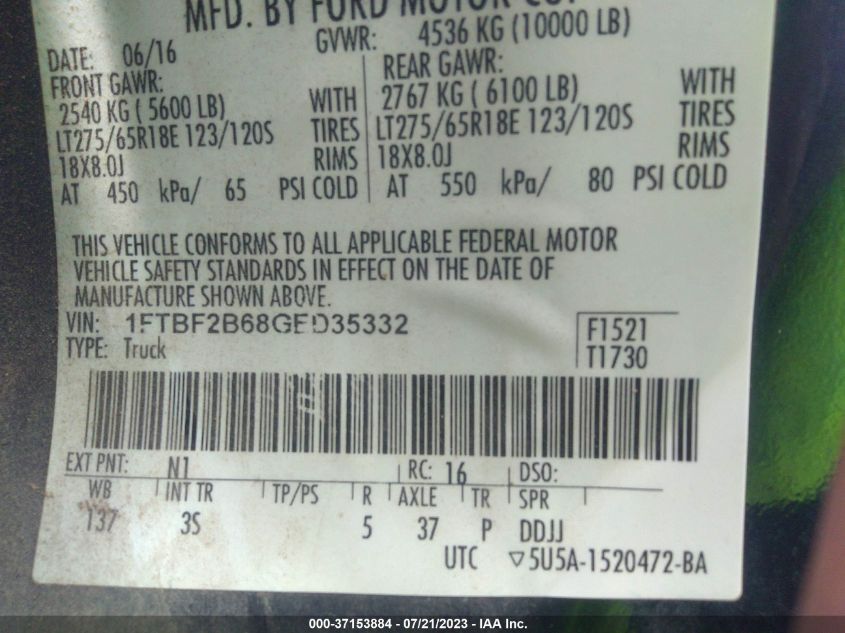 2016 FORD SUPER DUTY F-250 SRW XLT/XL - 1FTBF2B68GED35332