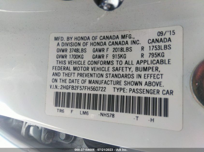 2015 HONDA CIVIC SEDAN LX - 2HGFB2F57FH560722