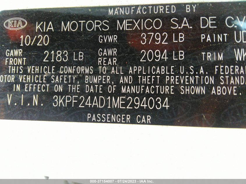 2021 KIA FORTE FE/LXS - 3KPF24AD1ME294034