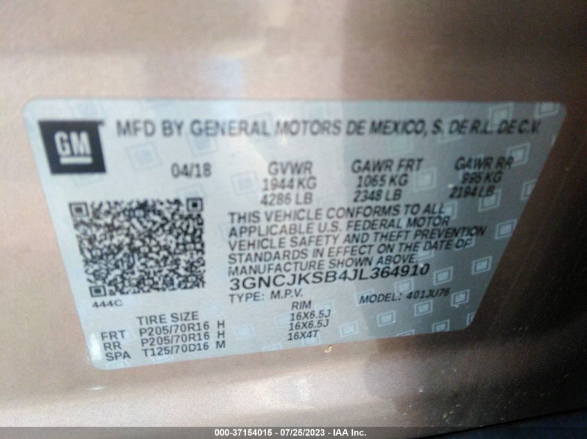 2018 CHEVROLET TRAX LS - 3GNCJKSB4JL364910