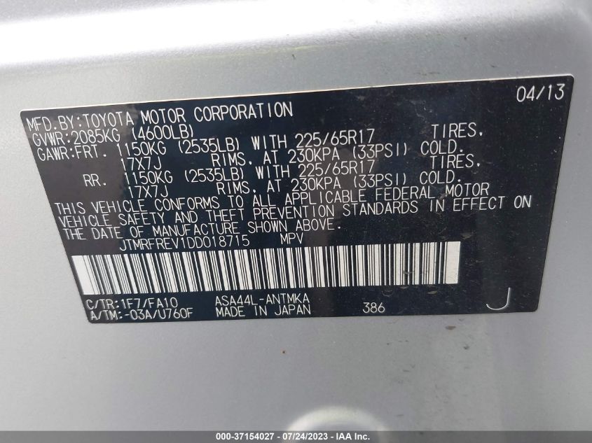 2013 TOYOTA RAV4 XLE - JTMRFREV1DD018715
