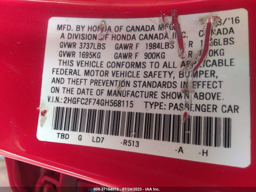 2016 HONDA CIVIC SEDAN EX - 2HGFC2F74GH568115