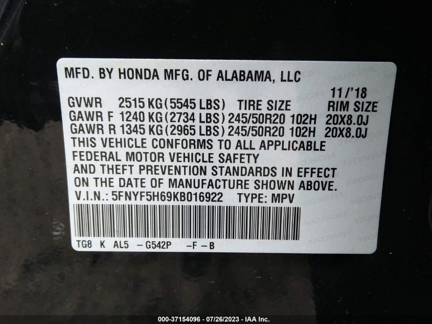 2019 HONDA PILOT TOURING - 5FNYF5H69KB016922