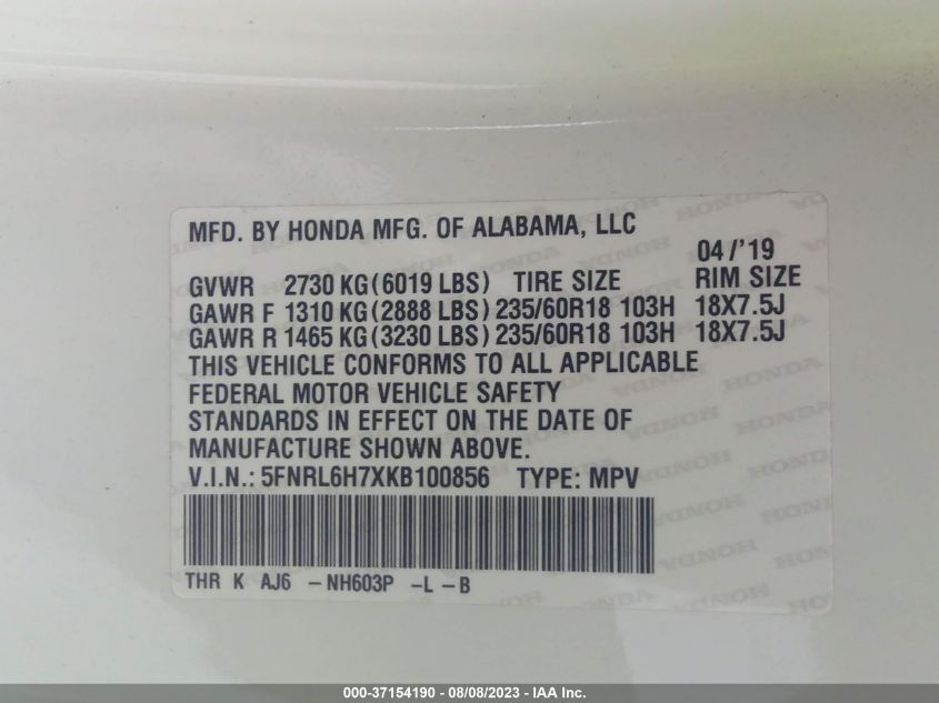 2019 HONDA ODYSSEY EX-L - 5FNRL6H7XKB100856