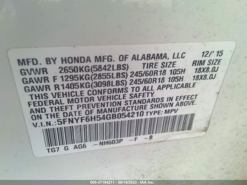 2016 HONDA PILOT EX-L - 5FNYF6H54GB054210