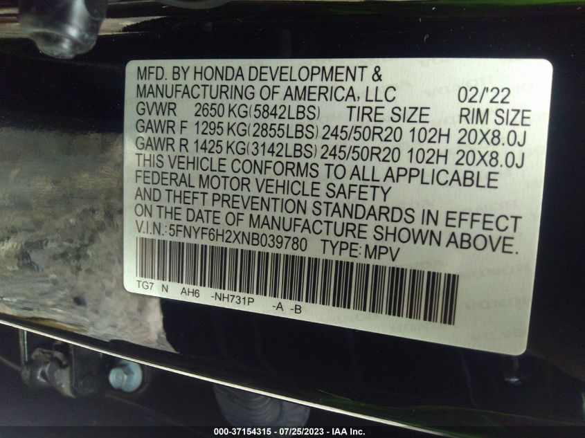 2022 HONDA PILOT SPECIAL EDITION - 5FNYF6H2XNB039780