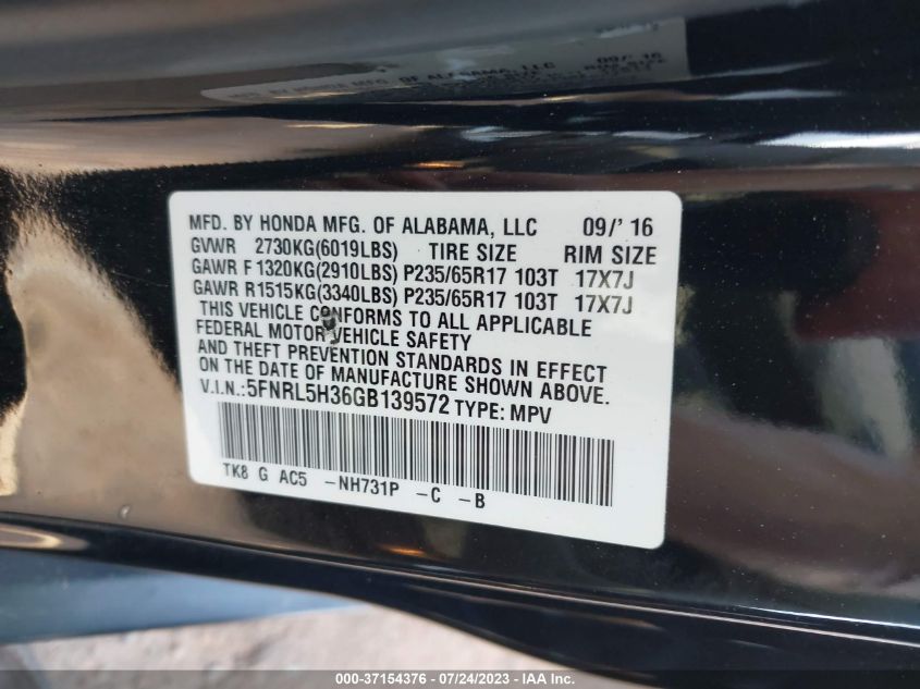 2016 HONDA ODYSSEY SE - 5FNRL5H36GB139572
