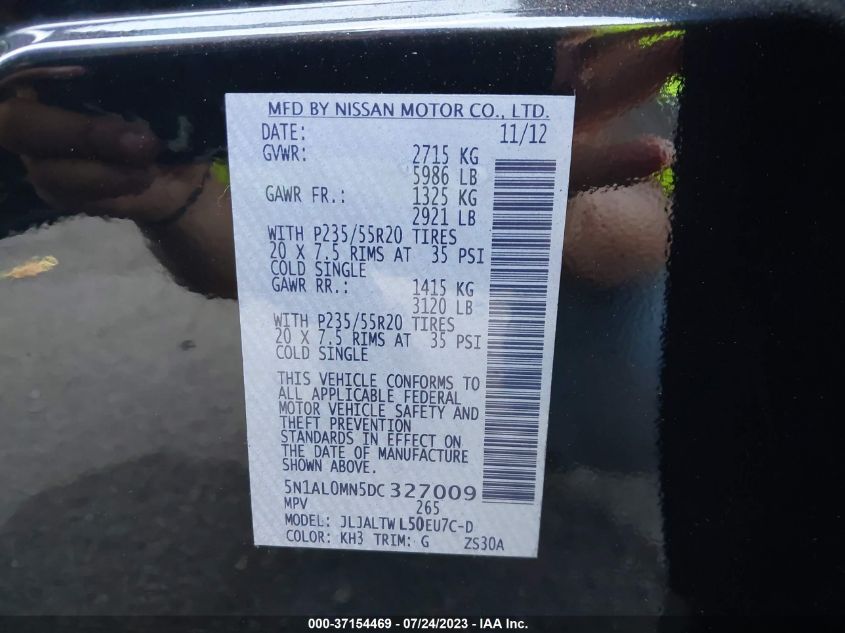 2013 INFINITI JX - 5N1AL0MN5DC327009